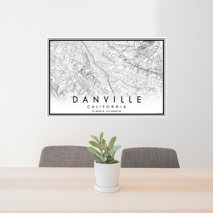 24x36 Danville California Map Print Landscape Orientation in Classic Style Behind 2 Chairs Table and Potted Plant