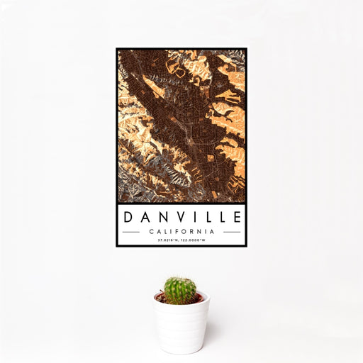 12x18 Danville California Map Print Portrait Orientation in Ember Style With Small Cactus Plant in White Planter
