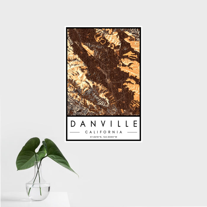 16x24 Danville California Map Print Portrait Orientation in Ember Style With Tropical Plant Leaves in Water