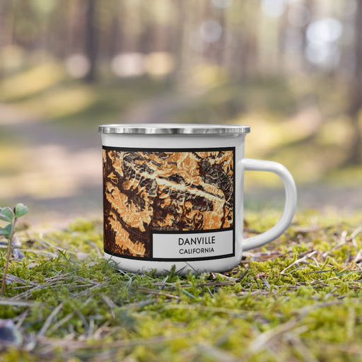 Right View Custom Danville California Map Enamel Mug in Ember on Grass With Trees in Background