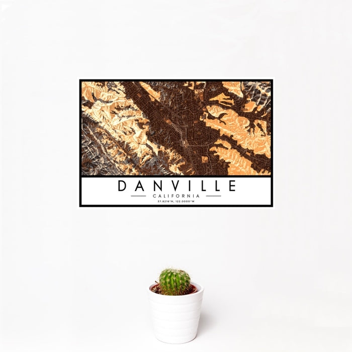 12x18 Danville California Map Print Landscape Orientation in Ember Style With Small Cactus Plant in White Planter