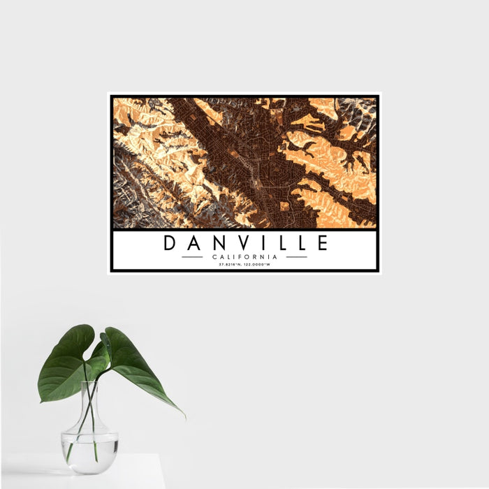 16x24 Danville California Map Print Landscape Orientation in Ember Style With Tropical Plant Leaves in Water