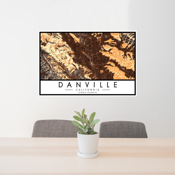 24x36 Danville California Map Print Landscape Orientation in Ember Style Behind 2 Chairs Table and Potted Plant
