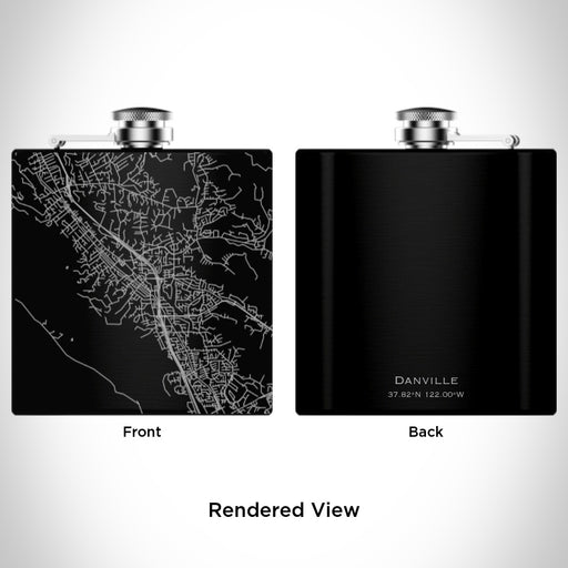 Rendered View of Danville California Map Engraving on 6oz Stainless Steel Flask in Black