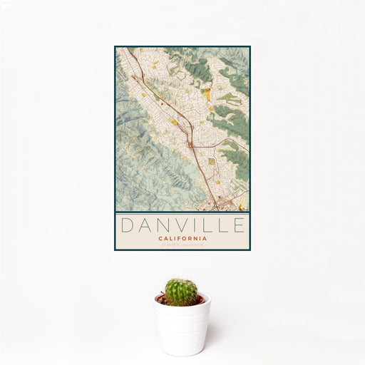 12x18 Danville California Map Print Portrait Orientation in Woodblock Style With Small Cactus Plant in White Planter