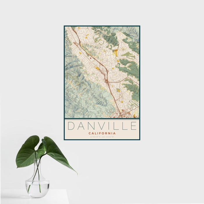 16x24 Danville California Map Print Portrait Orientation in Woodblock Style With Tropical Plant Leaves in Water
