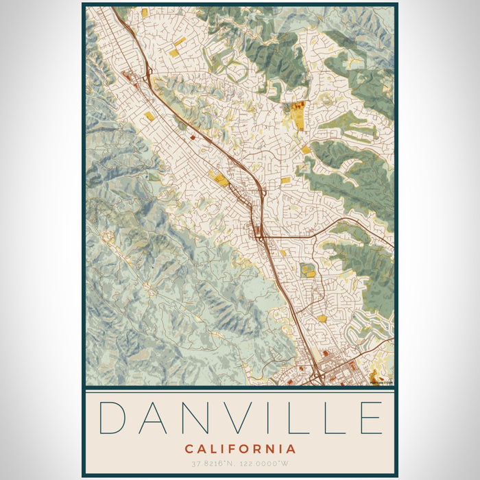 Danville California Map Print Portrait Orientation in Woodblock Style With Shaded Background
