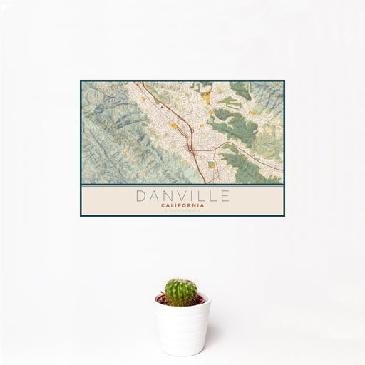 12x18 Danville California Map Print Landscape Orientation in Woodblock Style With Small Cactus Plant in White Planter