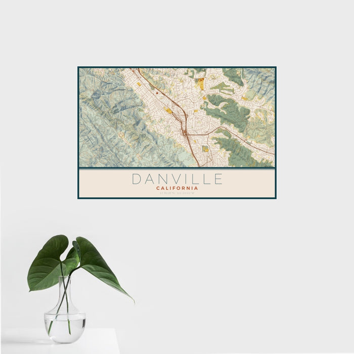 16x24 Danville California Map Print Landscape Orientation in Woodblock Style With Tropical Plant Leaves in Water
