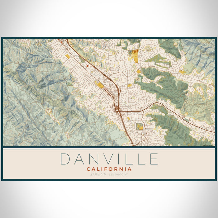 Danville California Map Print Landscape Orientation in Woodblock Style With Shaded Background