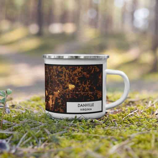 Right View Custom Danville Virginia Map Enamel Mug in Ember on Grass With Trees in Background