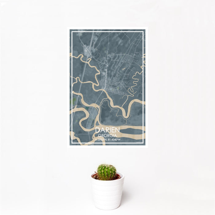 12x18 Darien Georgia Map Print Portrait Orientation in Afternoon Style With Small Cactus Plant in White Planter