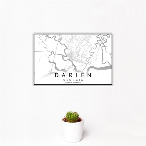 12x18 Darien Georgia Map Print Landscape Orientation in Classic Style With Small Cactus Plant in White Planter