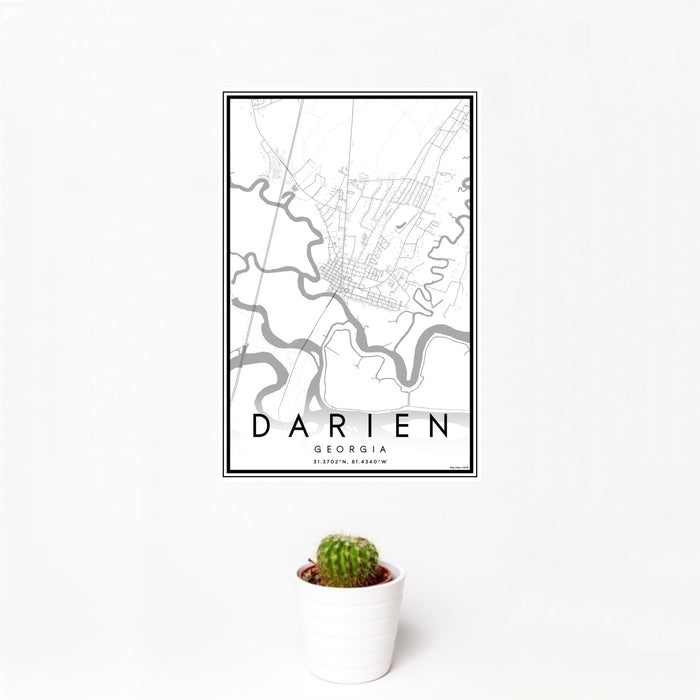 12x18 Darien Georgia Map Print Portrait Orientation in Classic Style With Small Cactus Plant in White Planter