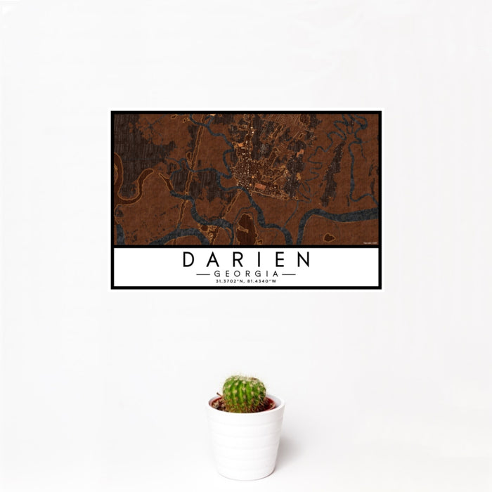 12x18 Darien Georgia Map Print Landscape Orientation in Ember Style With Small Cactus Plant in White Planter