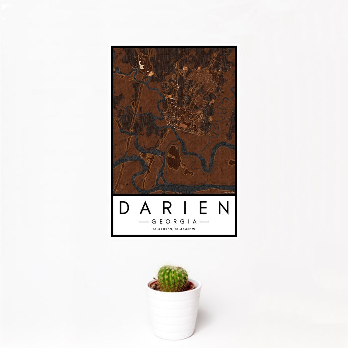 12x18 Darien Georgia Map Print Portrait Orientation in Ember Style With Small Cactus Plant in White Planter