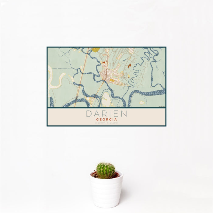 12x18 Darien Georgia Map Print Landscape Orientation in Woodblock Style With Small Cactus Plant in White Planter