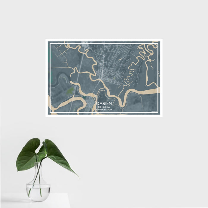 16x24 Darien Georgia Map Print Landscape Orientation in Afternoon Style With Tropical Plant Leaves in Water