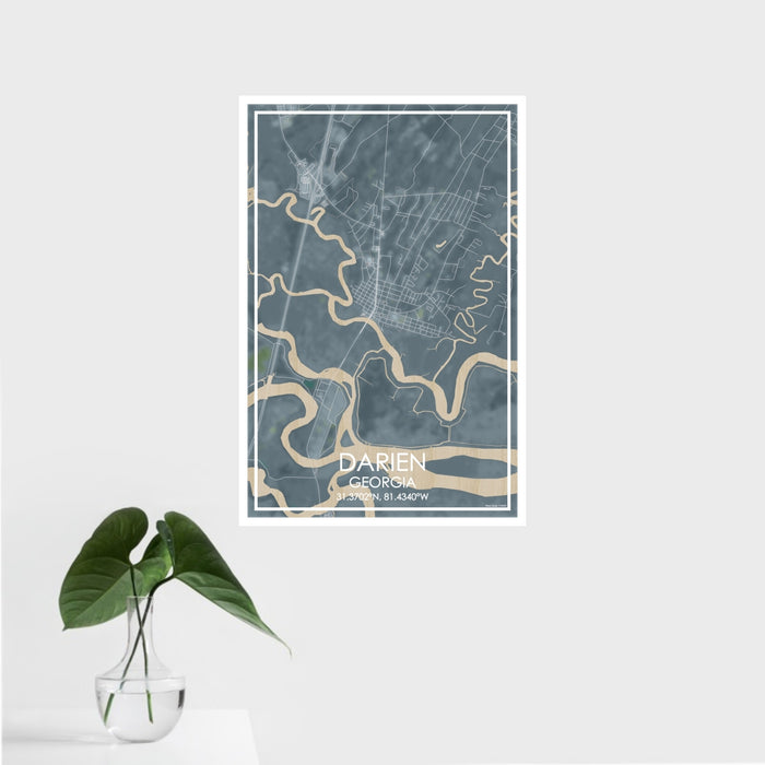 16x24 Darien Georgia Map Print Portrait Orientation in Afternoon Style With Tropical Plant Leaves in Water