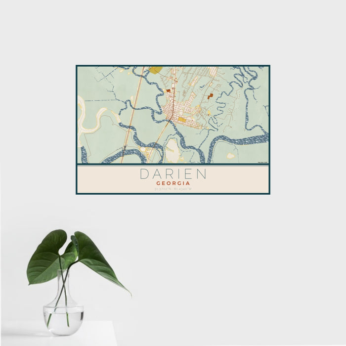 16x24 Darien Georgia Map Print Landscape Orientation in Woodblock Style With Tropical Plant Leaves in Water