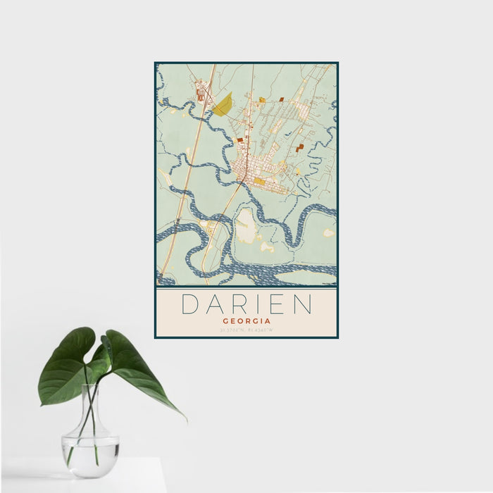 16x24 Darien Georgia Map Print Portrait Orientation in Woodblock Style With Tropical Plant Leaves in Water