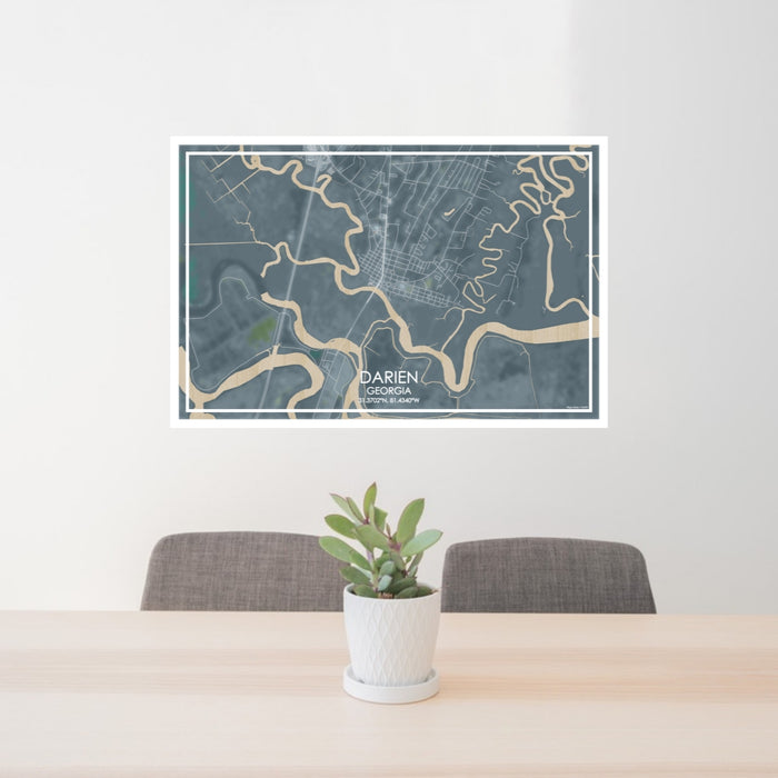 24x36 Darien Georgia Map Print Lanscape Orientation in Afternoon Style Behind 2 Chairs Table and Potted Plant
