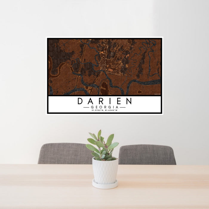 24x36 Darien Georgia Map Print Lanscape Orientation in Ember Style Behind 2 Chairs Table and Potted Plant