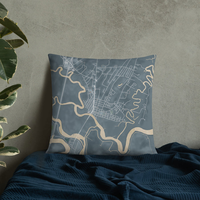 Custom Darien Georgia Map Throw Pillow in Afternoon on Bedding Against Wall