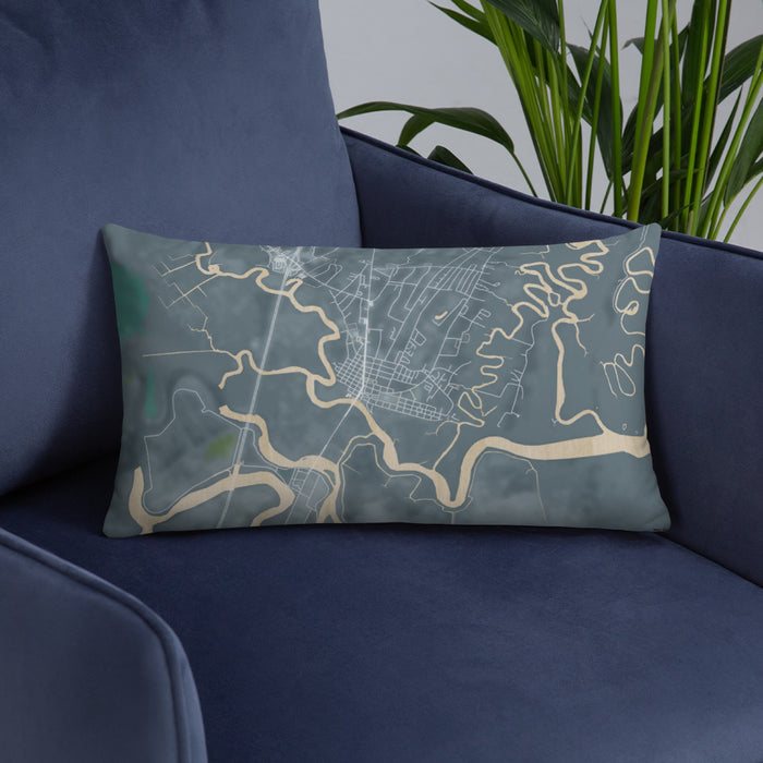 Custom Darien Georgia Map Throw Pillow in Afternoon on Blue Colored Chair
