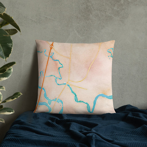 Custom Darien Georgia Map Throw Pillow in Watercolor on Bedding Against Wall
