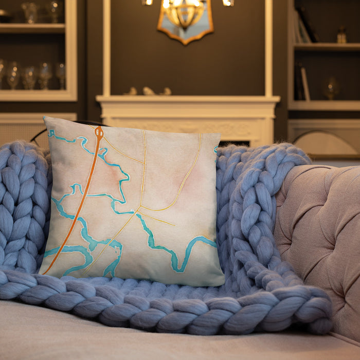 Custom Darien Georgia Map Throw Pillow in Watercolor on Cream Colored Couch
