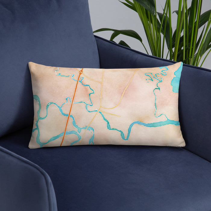 Custom Darien Georgia Map Throw Pillow in Watercolor on Blue Colored Chair