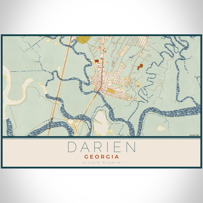 Darien Georgia Map Print Landscape Orientation in Woodblock Style With Shaded Background