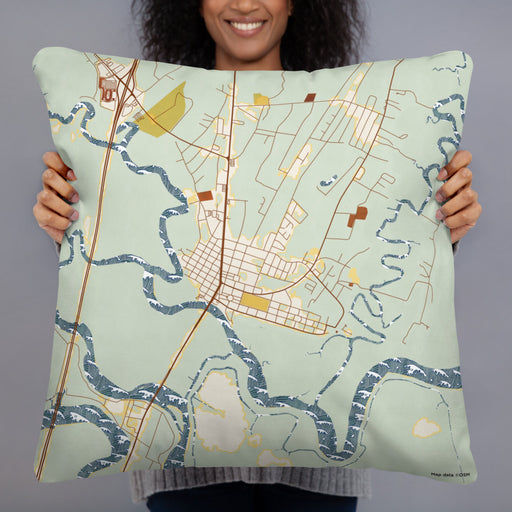 Person holding 22x22 Custom Darien Georgia Map Throw Pillow in Woodblock