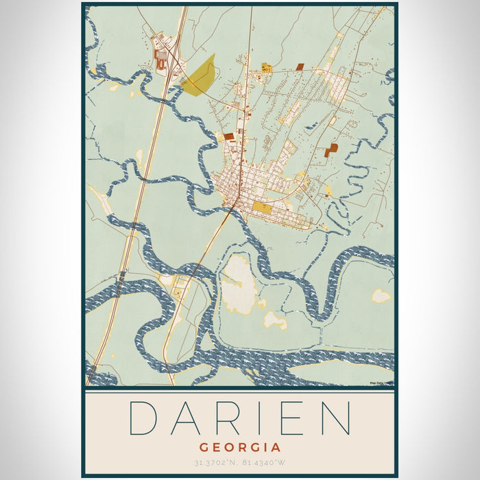 Darien Georgia Map Print Portrait Orientation in Woodblock Style With Shaded Background