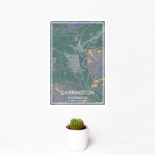 12x18 Darrington Washington Map Print Portrait Orientation in Afternoon Style With Small Cactus Plant in White Planter