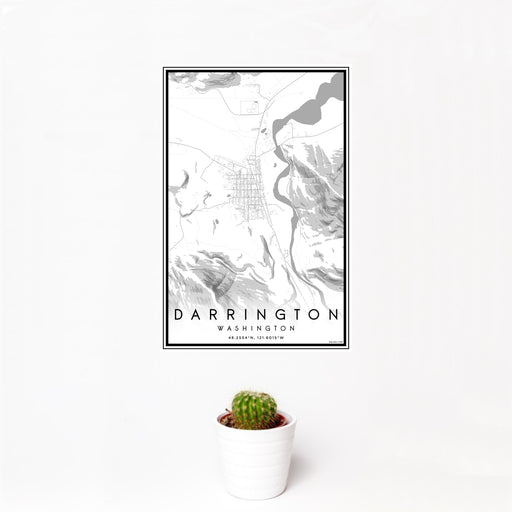 12x18 Darrington Washington Map Print Portrait Orientation in Classic Style With Small Cactus Plant in White Planter