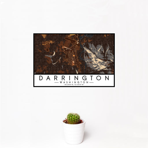 12x18 Darrington Washington Map Print Landscape Orientation in Ember Style With Small Cactus Plant in White Planter
