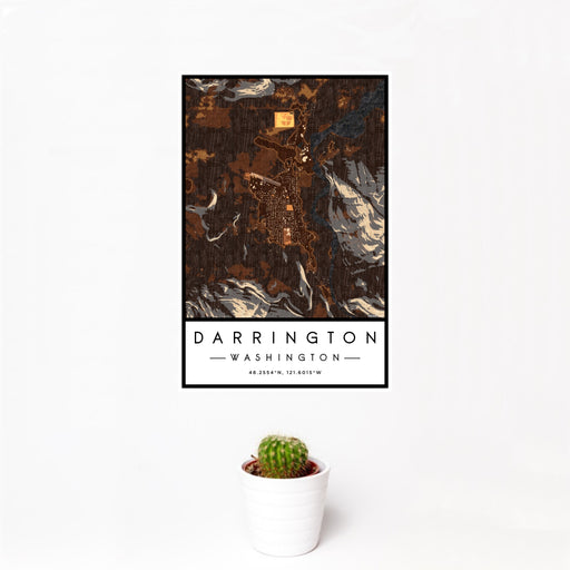 12x18 Darrington Washington Map Print Portrait Orientation in Ember Style With Small Cactus Plant in White Planter