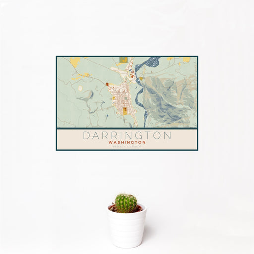 12x18 Darrington Washington Map Print Landscape Orientation in Woodblock Style With Small Cactus Plant in White Planter
