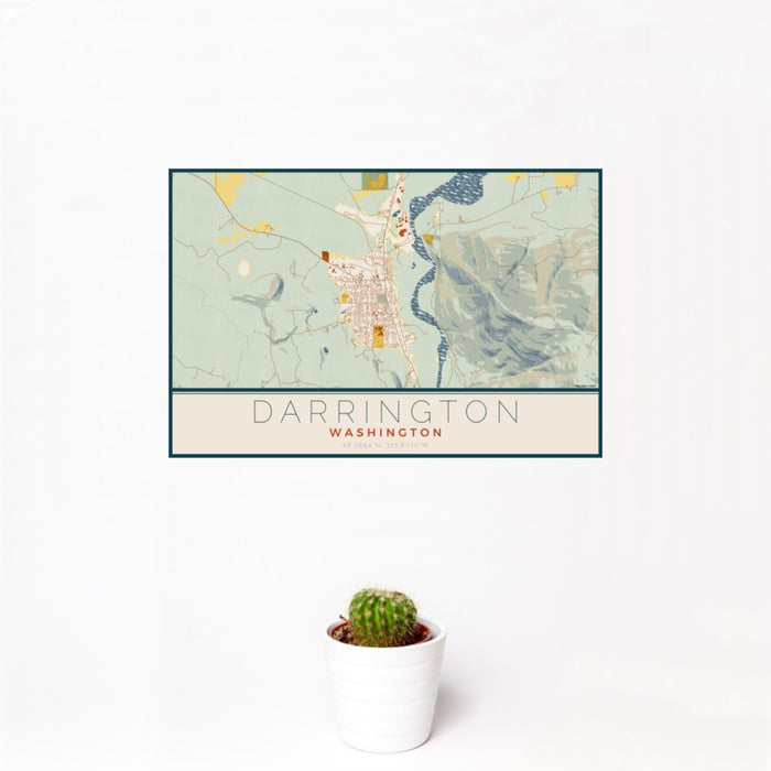 12x18 Darrington Washington Map Print Landscape Orientation in Woodblock Style With Small Cactus Plant in White Planter