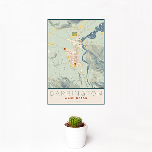 12x18 Darrington Washington Map Print Portrait Orientation in Woodblock Style With Small Cactus Plant in White Planter