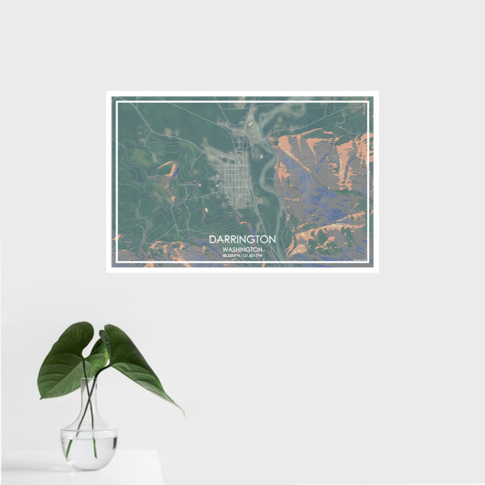 16x24 Darrington Washington Map Print Landscape Orientation in Afternoon Style With Tropical Plant Leaves in Water