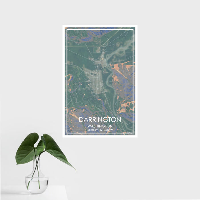 16x24 Darrington Washington Map Print Portrait Orientation in Afternoon Style With Tropical Plant Leaves in Water