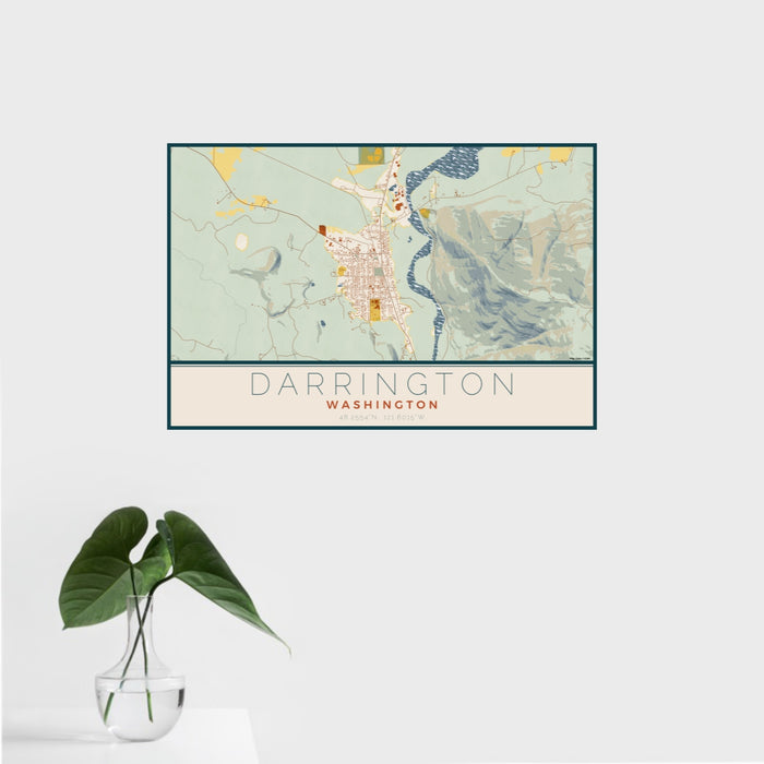 16x24 Darrington Washington Map Print Landscape Orientation in Woodblock Style With Tropical Plant Leaves in Water