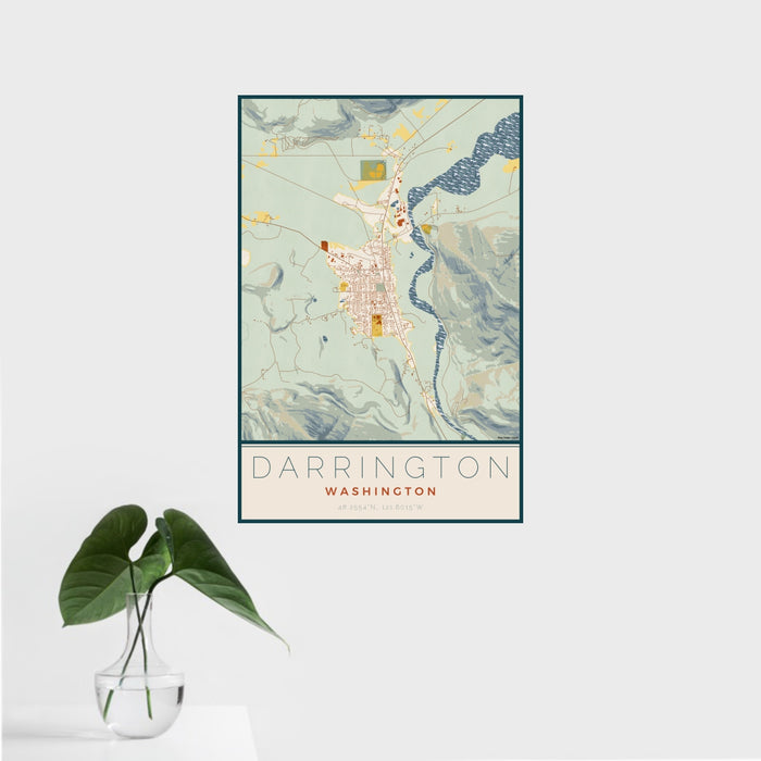 16x24 Darrington Washington Map Print Portrait Orientation in Woodblock Style With Tropical Plant Leaves in Water