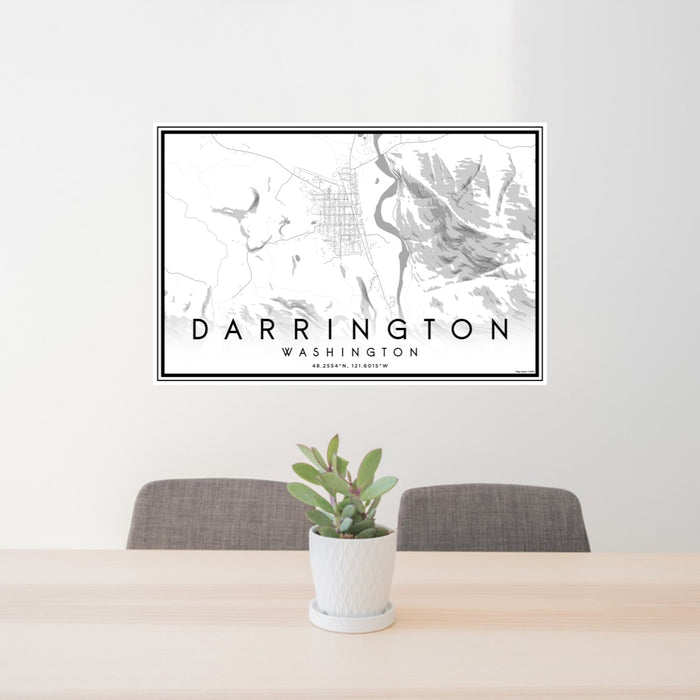 24x36 Darrington Washington Map Print Lanscape Orientation in Classic Style Behind 2 Chairs Table and Potted Plant