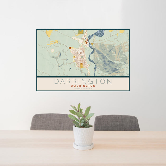 24x36 Darrington Washington Map Print Lanscape Orientation in Woodblock Style Behind 2 Chairs Table and Potted Plant