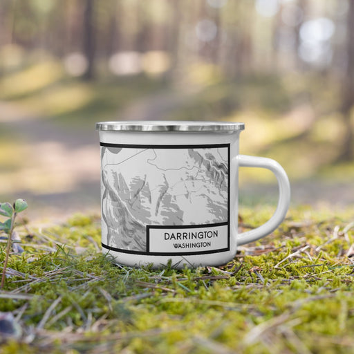 Right View Custom Darrington Washington Map Enamel Mug in Classic on Grass With Trees in Background