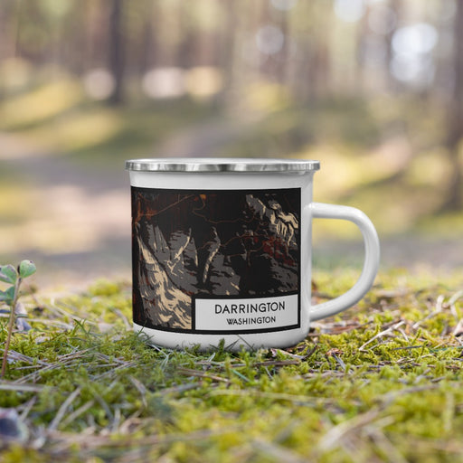 Right View Custom Darrington Washington Map Enamel Mug in Ember on Grass With Trees in Background